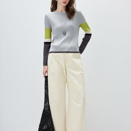 COMOBOCA Women's Ribbed Color Block Round Neck Knit Sweater
