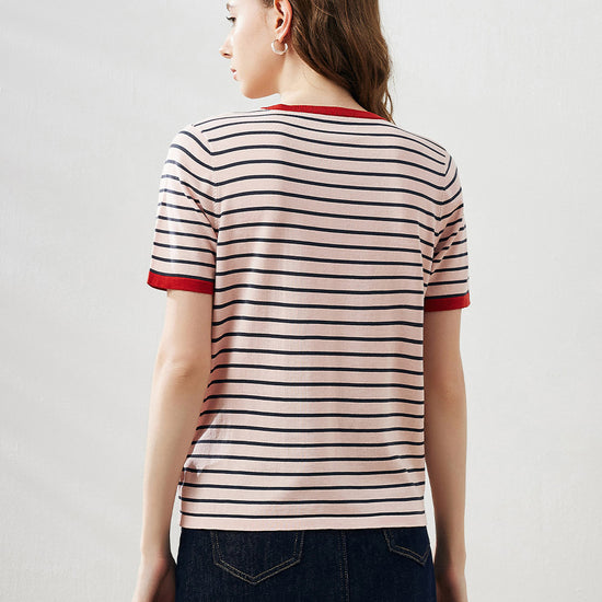 COMOBOCA Women's Striped Ribbed Contrast Trim T-Shirt