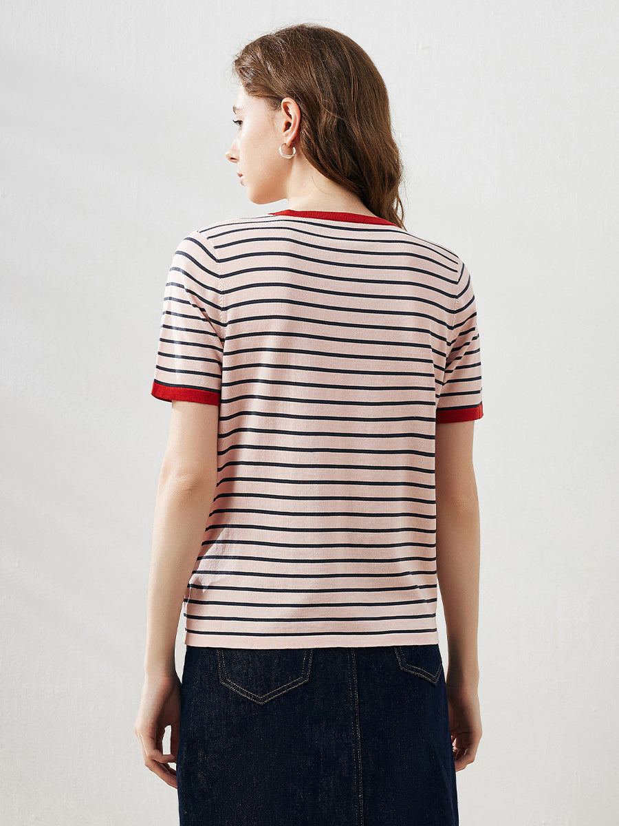 COMOBOCA Women's Striped Ribbed Contrast Trim T-Shirt