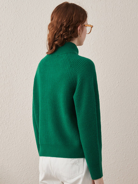 COMOBOCA 100% Wool Women's Half-High Neck Zip Cardigan