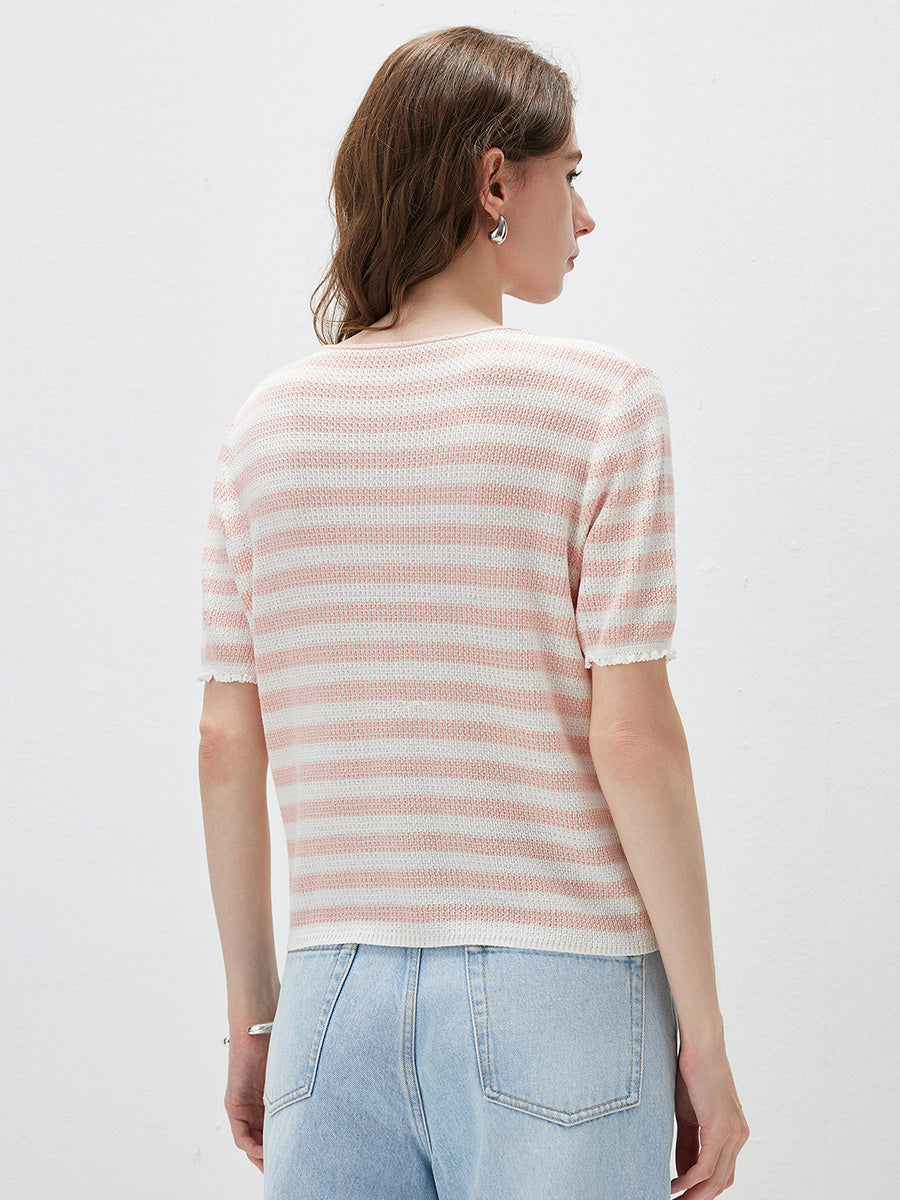 COMOBOCA Women's Tie-Neck Striped Knit T-Shirt