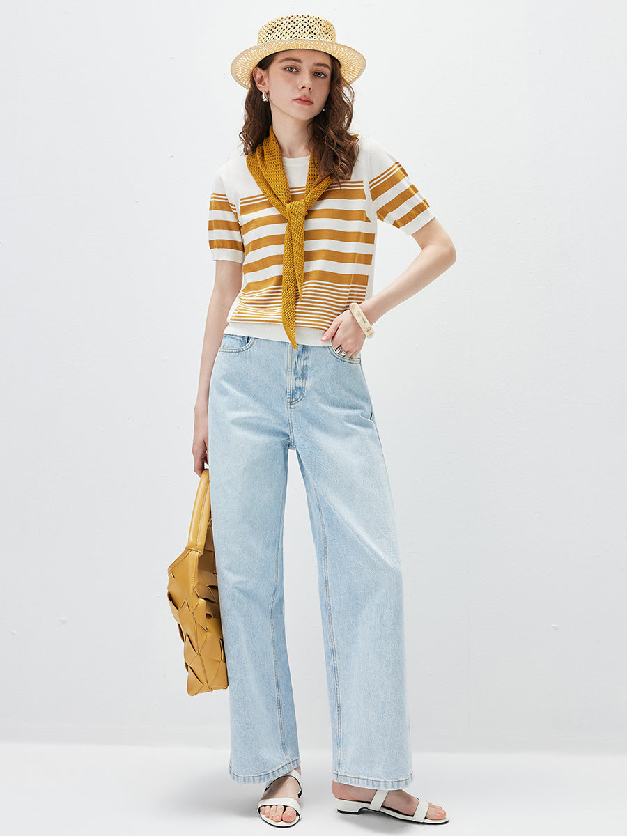 COMOBOCA Women's Contrast Stripe Knit T-Shirt