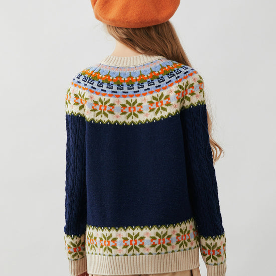 COMOBOCA 100% Wool Kids' Cable Fair Isle Round Neck Sweater