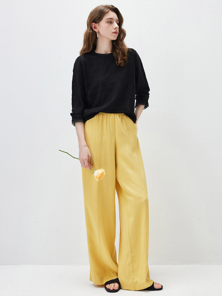 COMOBOCA Women's Textured Sheer Knit Round Neck Sweater