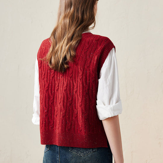 COMOBOCA 100% Wool Women's Cable Knit Button-Front Vest