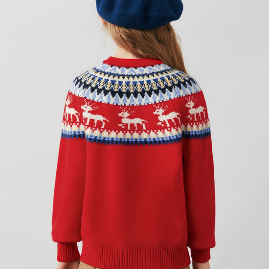 COMOBOCA 100% Wool Kids' Fair Isle Reindeer Round Neck Sweater