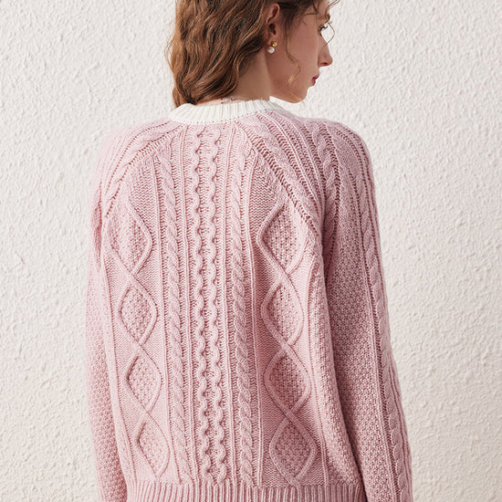 COMOBOCA 100% Wool Women's Contrast Color Cable Knit Sweater