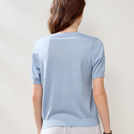 COMOBOCA Women's Lyocell V-Neck Ribbed Knit T-Shirt