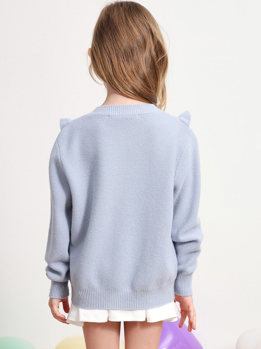 COMOBOCA 100% Wool Kids' Round Neck Heart Button Cardigan