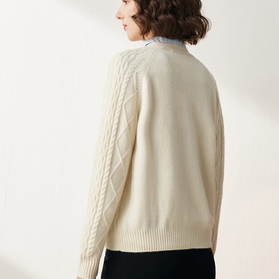 COMOBOCA 100% Cashmere Women's V-Neck Cable Knit Cardigan