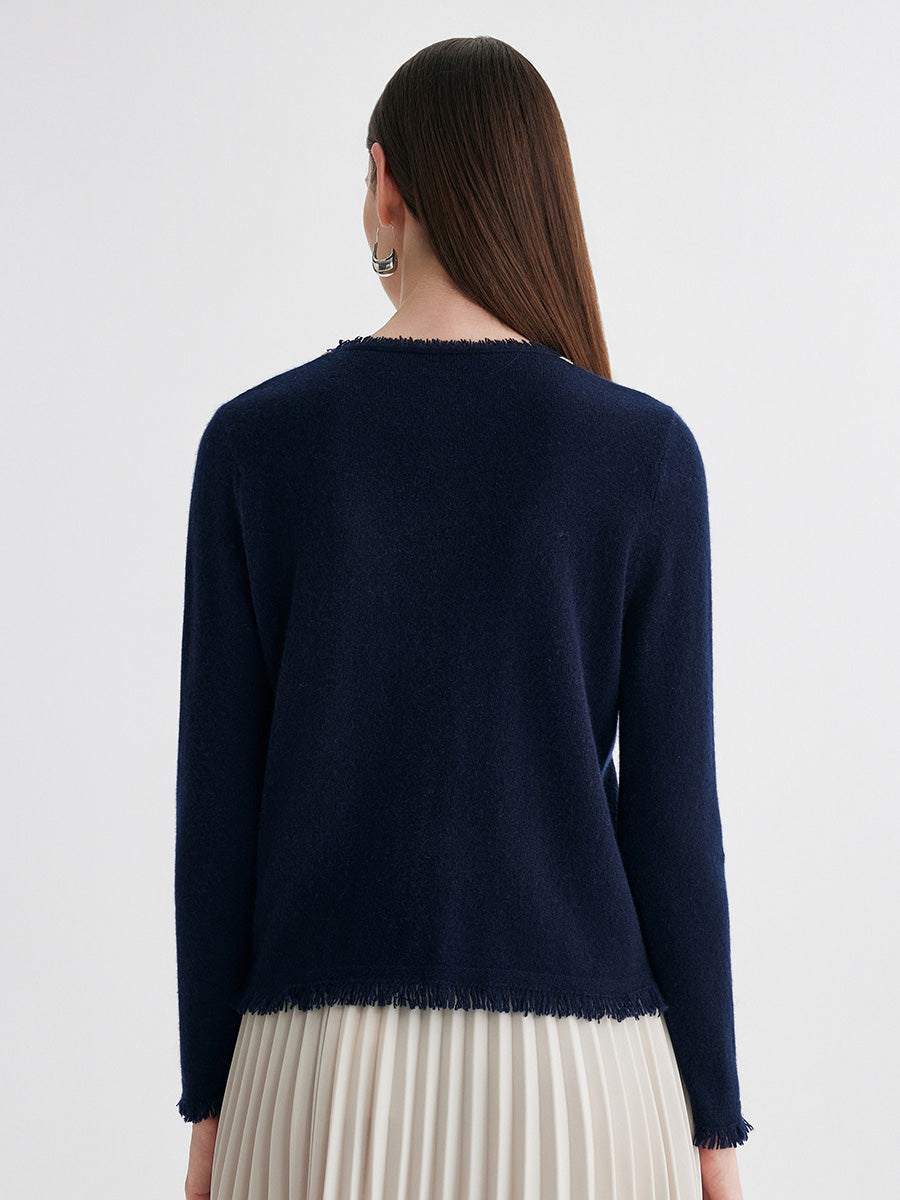 COMOBOCA 100% Cashmere Women's Fringed Hem Floral Sweater