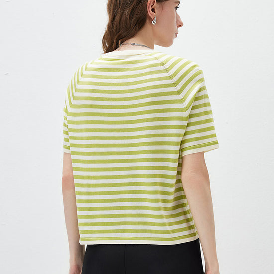 COMOBOCA Women's Striped Embroidered Pocket Knit T-Shirt