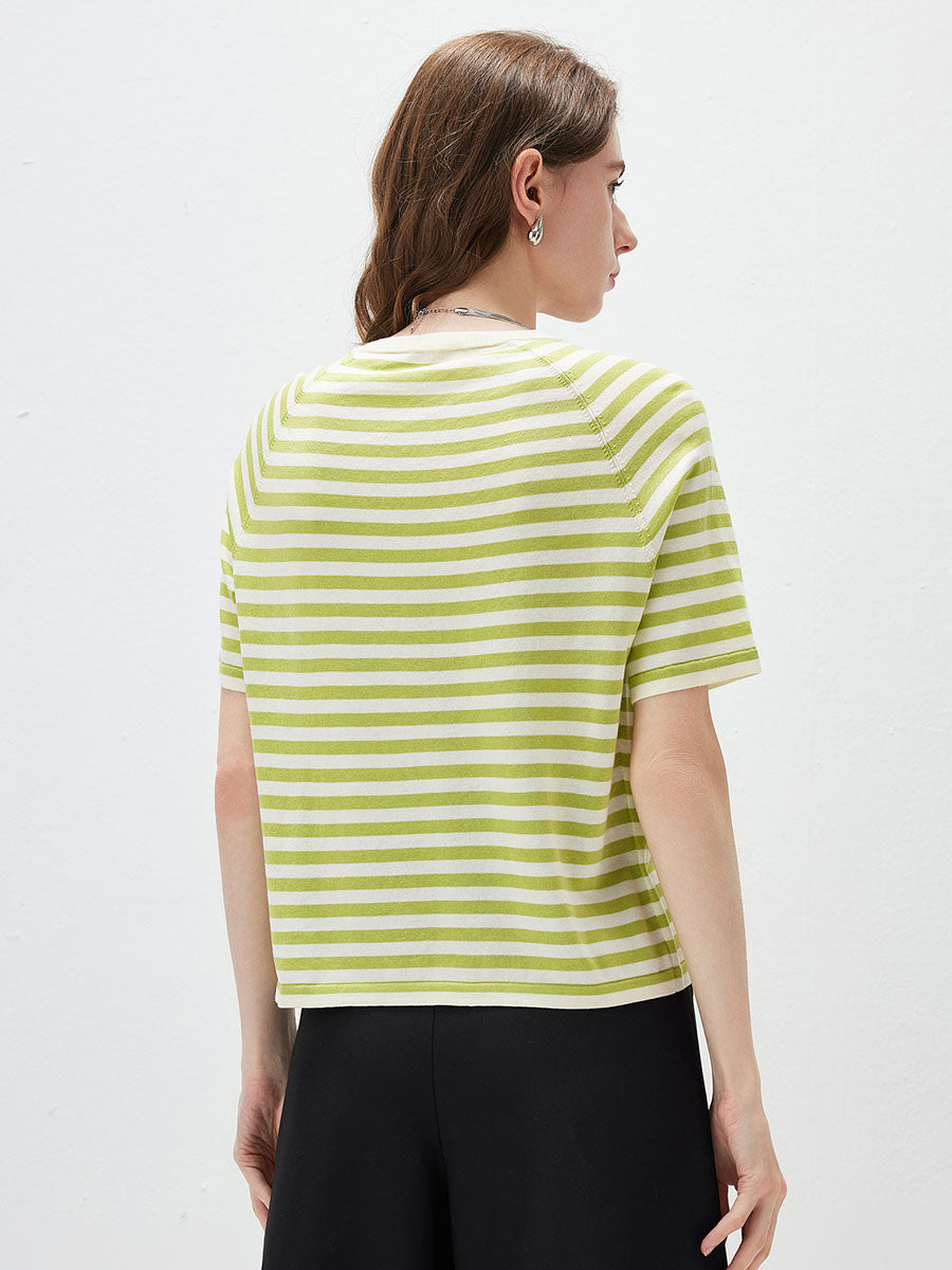 COMOBOCA Women's Striped Embroidered Pocket Knit T-Shirt