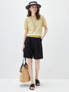 Women's  Round Neck Jacquard Linen Knit Short Sleeve Top
