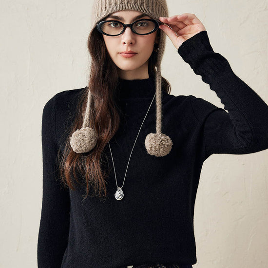 COMOBOCA 100% Cashmere Women's Ear Flap Beanie with Pom-Poms