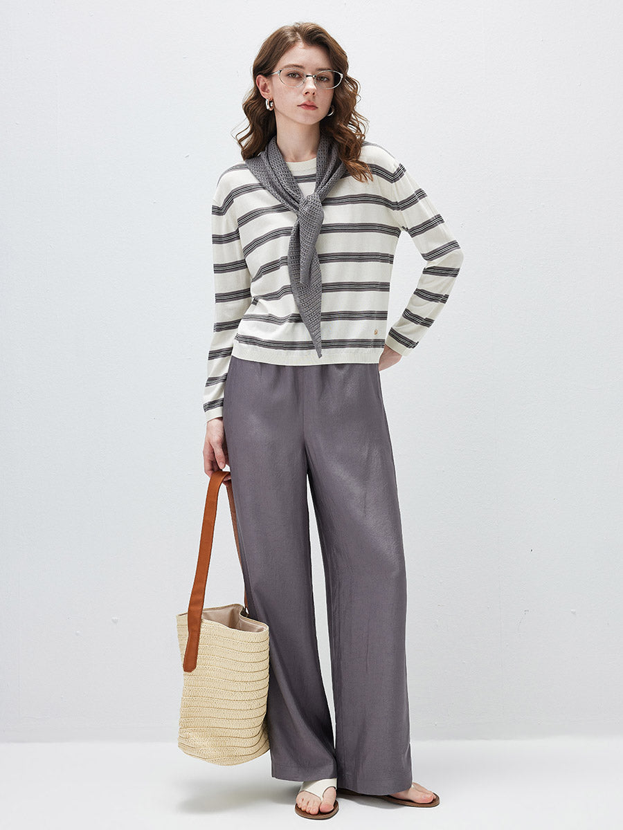 COMOBOCA Women's Striped Round Neck Knit Sweater