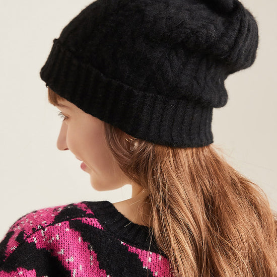 COMOBOCA Black 100% Cashmere Cable Slouchy Beanie