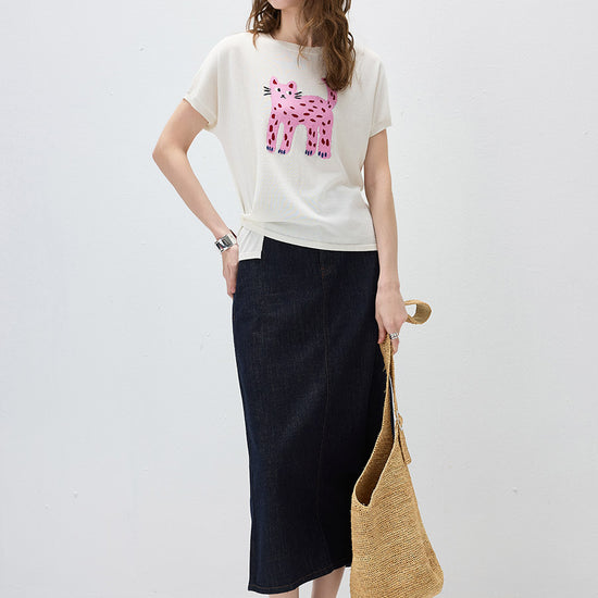 COMOBOCA Women's Leopard Cat Embroidered Knit T-Shirt