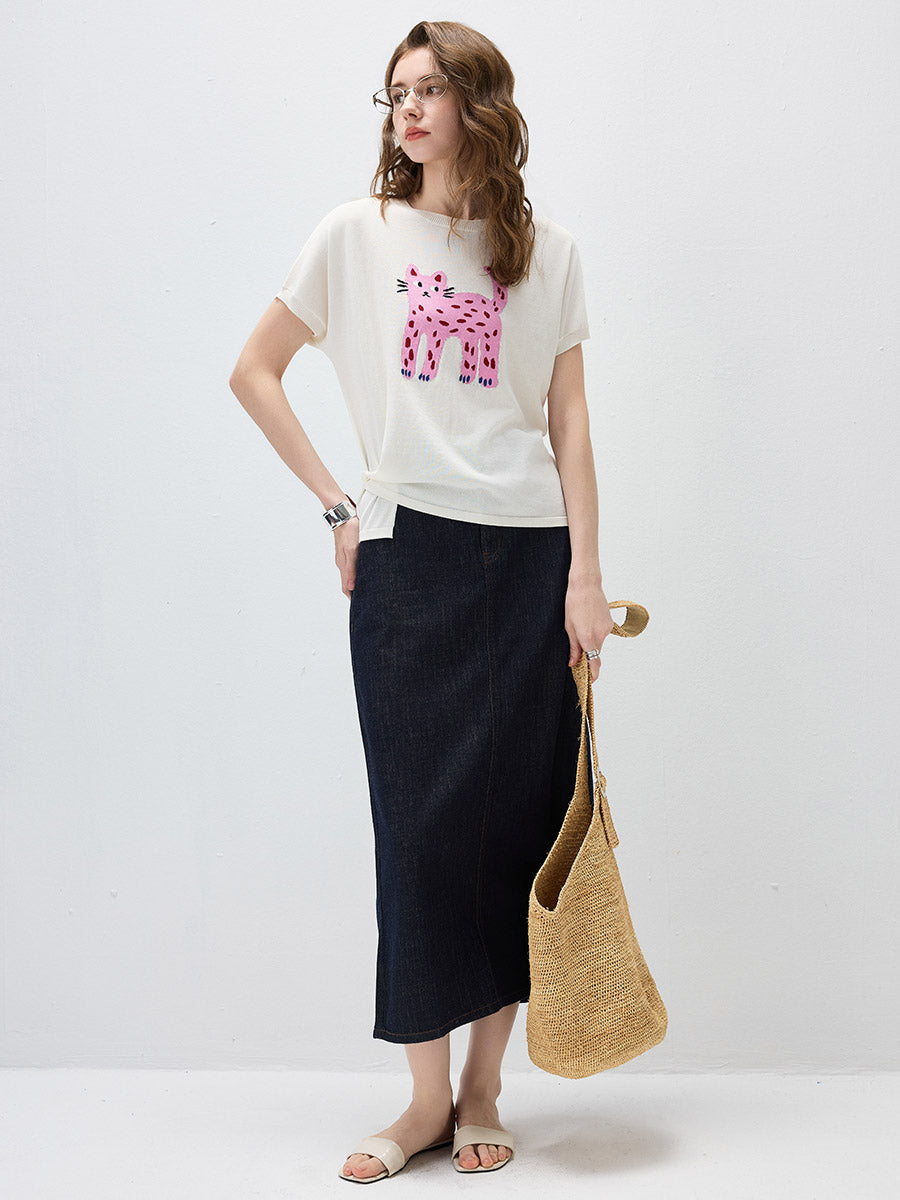 COMOBOCA Women's Leopard Cat Embroidered Knit T-Shirt