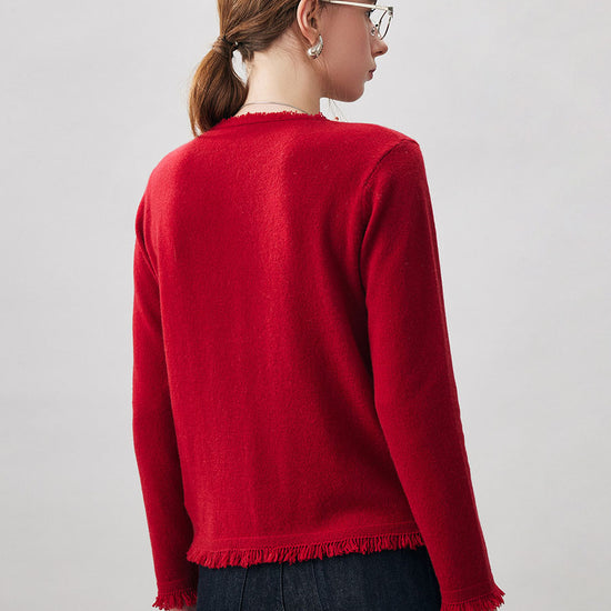 COMOBOCA 100% Cashmere Women's Fringed Hem Floral Sweater
