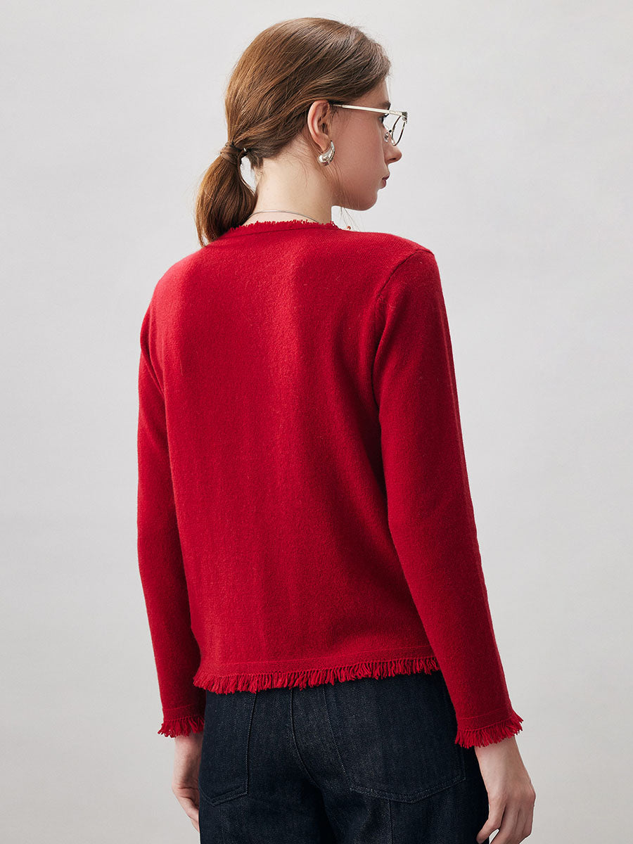 COMOBOCA 100% Cashmere Women's Fringed Hem Floral Sweater