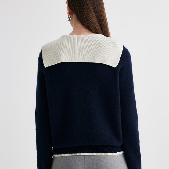 COMOBOCA 100% Cashmere Women's Contrast Collar Double Zip Cardigan