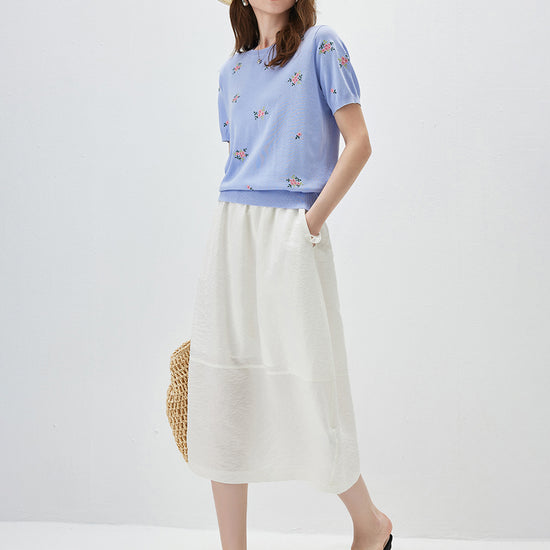 COMOBOCA Women's Floral Embroidery Knit T-Shirt