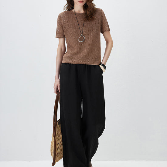 COMOBOCA Women's Openwork Round Neck Knit T-Shirt