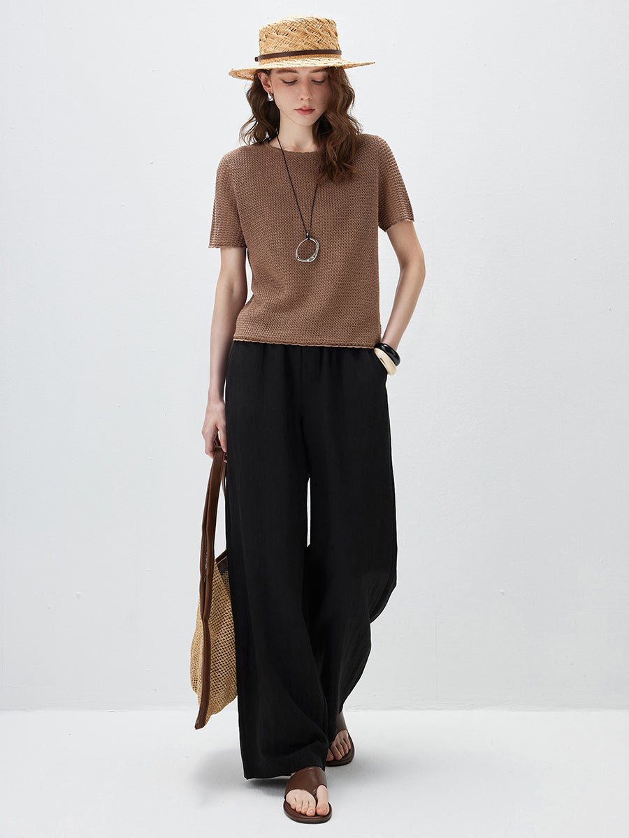 COMOBOCA Women's Openwork Round Neck Knit T-Shirt