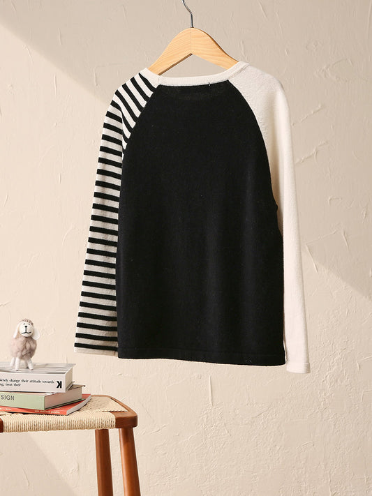 COMOBOCA 100% Wool Kid's Color Block Striped Sleeve Knit Sweater