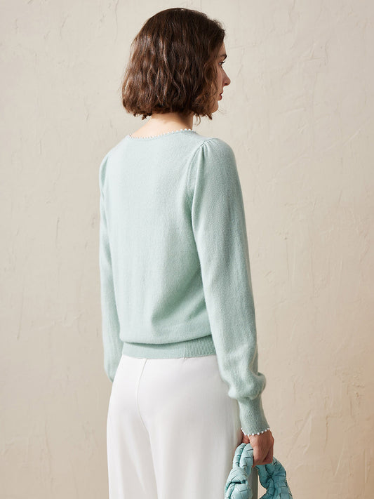 COMOBOCA 100% Cashmere Women's Pearl-Trimmed Knit Sweater