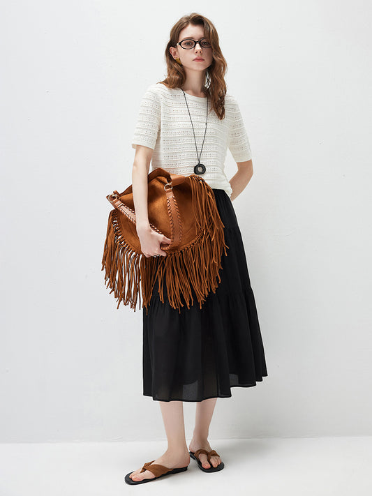 Women’s Round-Neck Linen Blend Hollow-Out Short Sleeve Knit T-Shirt