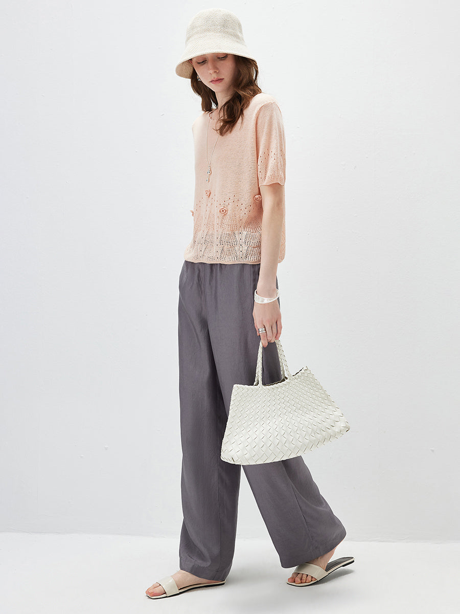 COMOBOCA Women's Sheer Openwork Knit T-Shirt