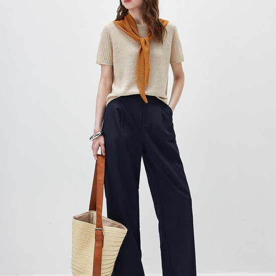 COMOBOCA Women's Openwork Round Neck Knit T-Shirt