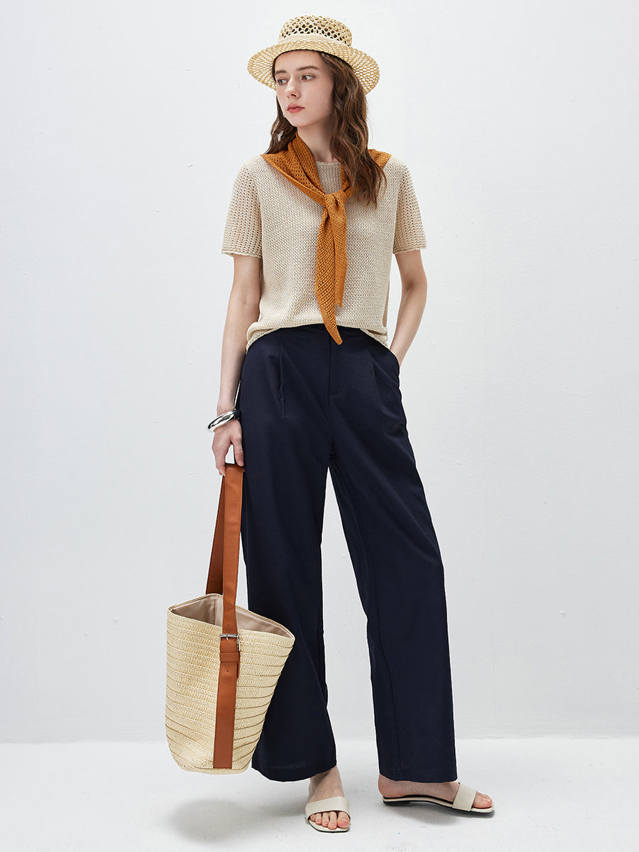 COMOBOCA Women's Openwork Round Neck Knit T-Shirt