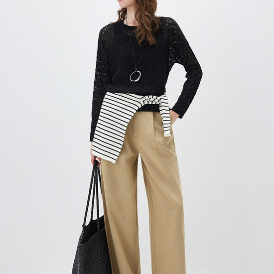 COMOBOCA Women's Openwork Round Neck Knit Sweater