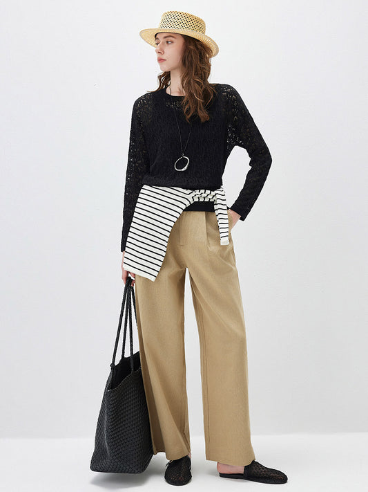 COMOBOCA Women's Openwork Round Neck Knit Sweater