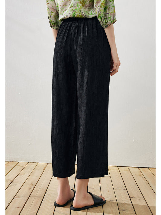 COMOBOCA Women's Elastic Waistband Crinkled Wide Leg Pants
