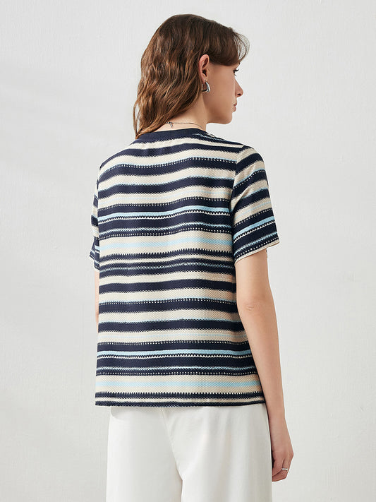 COMOBOCA Women's Striped Woven Ribbed T-Shirt