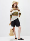 COMOBOCA Women's Multi Striped Mesh Knit Round Neck Sweater