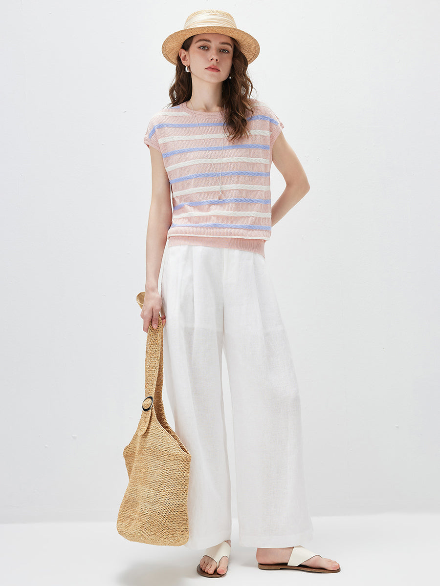 COMOBOCA Women's Striped Knit Cap Sleeve T-Shirt