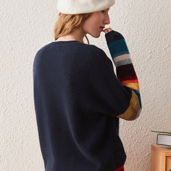 COMOBOCA 100% Cashmere Women's Striped Round Neck Sweater