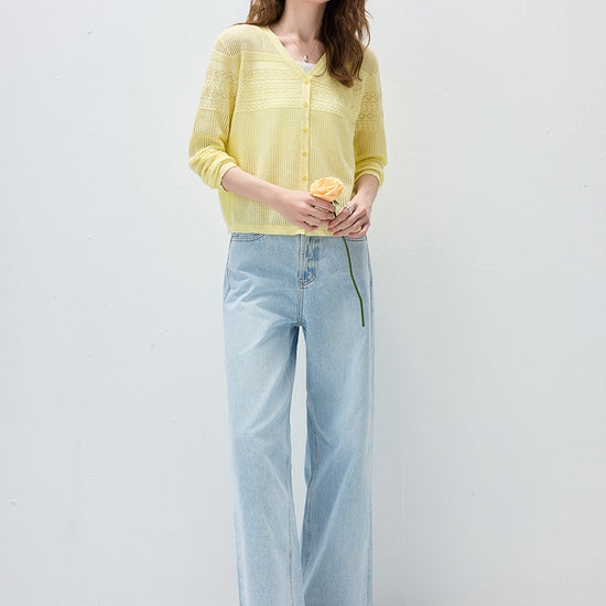 COMOBOCA Women's Pointelle Knit V-Neck Cardigan