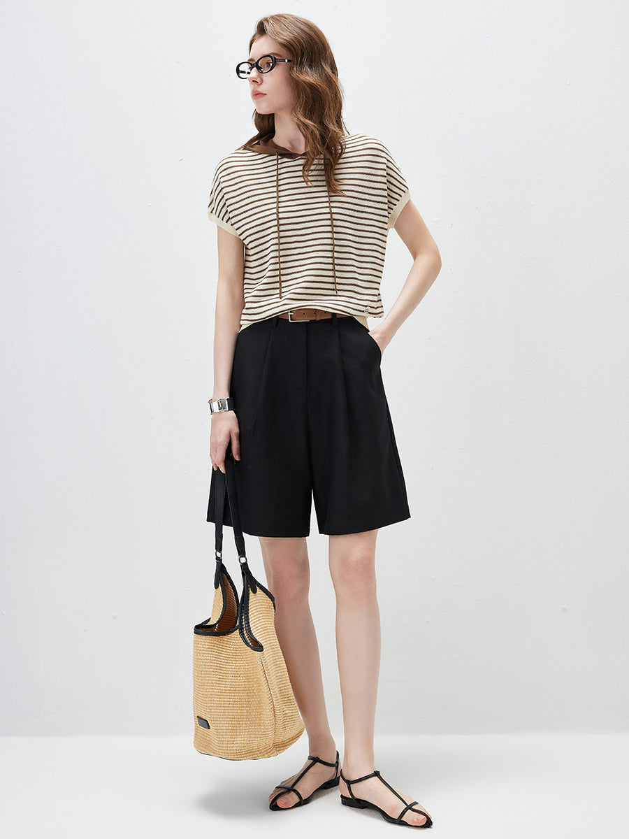 COMOBOCA Women's Striped Contrast Hooded Knit T-Shirt