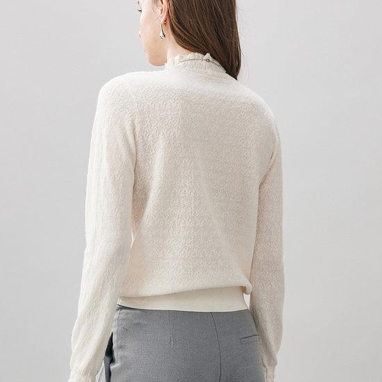 COMOBOCA 100% Wool Women's Ruffled Mock Neck Knit Sweater