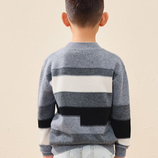 COMOBOCA 100% Wool Kids' Geometric Color Block Striped Knit Sweater
