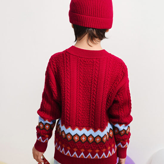 COMOBOCA 100% Wool Kids' Round Neck Striped Cable Knit Sweater