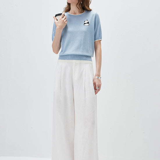 COMOBOCA Women's Panda Motif Contrast Trim Knit T-Shirt