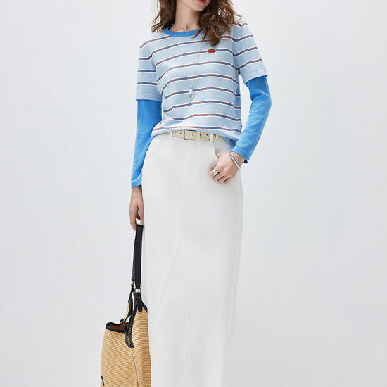 COMOBOCA Women's Layered Striped Round Neck Knit Sweater