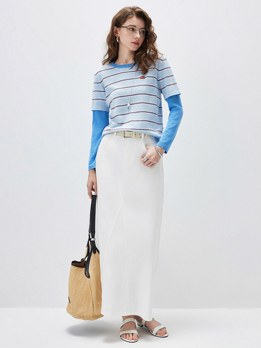 COMOBOCA Women's Layered Striped Round Neck Knit Sweater